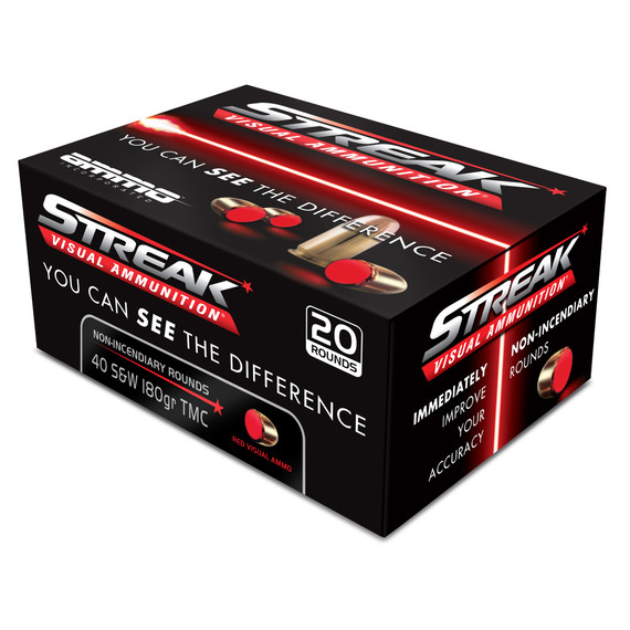 STREAK Ammunition Visial Ammunition, 40 S&W, 180 Grain, Total Metal Coating, Non-Incendiary Tracer, 20 Round Box 40180TMC-STRK-RED