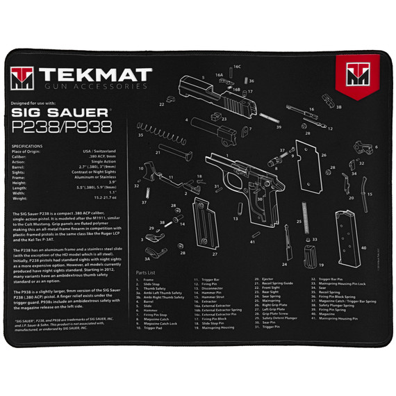 TekMat Ultra Mat, Sig Sauer P238, Cleaning Mat, Thermoplastic Surface Protects Gun From Scratching, 1/4 in Thick, 15 inX20 in, Tube Packaging, Black TEK-R20-SIGP238