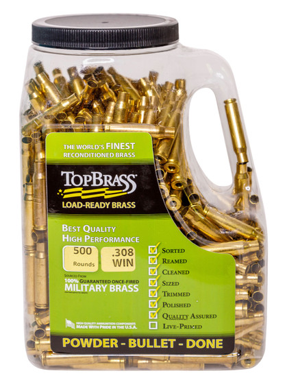 TOP BRASS LLC 8B308WINMY-5C-J Premium Reconditioned 308 Win Rifle Brass 500 Per Jug