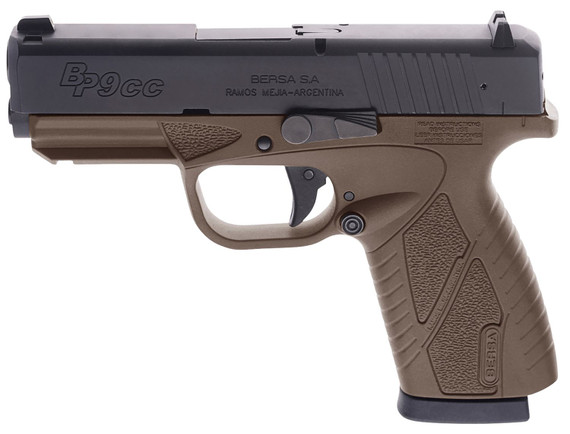 Bersa BP9DECC BPCC Sub-Compact Frame 9mm Luger 8+1, 3.30 in Black Steel Barrel, Matte Black Serrated Steel Slide, FDE Polymer Frame w/Picatinny Rail, Pistol
