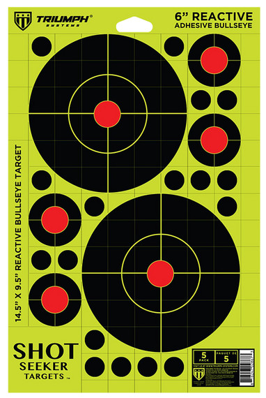 Triumph Systems 090041000 Shot Seeker Reactive Target Self-Adhesive Paper Black/Red/Yellow 6 in Bullseye Includes Pasters 5 Pack