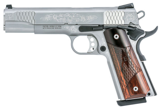 Smith & Wesson 10270 1911 E-Series Full Size Frame 45 ACP 8+1, 5 in Stainless Steel Barrel, Glass Bead w/Engraving Serrated SS Slide, Matte Silver Engraved SS Frame w/Beavertail, Pistol