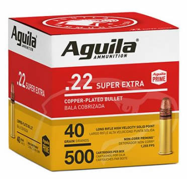 Aguila 1B221115 Super Extra High Velocity 22 LR 40 gr Copper-Plated Solid Point 500 Rounds