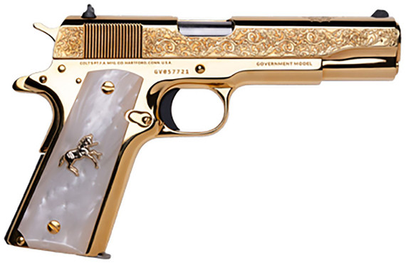 Cnc CNCELRANCH Colt 1911 El Ranchero 38 Super 7+1 5 Stainless Steel Barrel, 24K Gold Plated Serrated w/Engraved Scrollwork Slide, 24K Gold Plated Steel Frame, Mother of Pearl Grip, Pistol