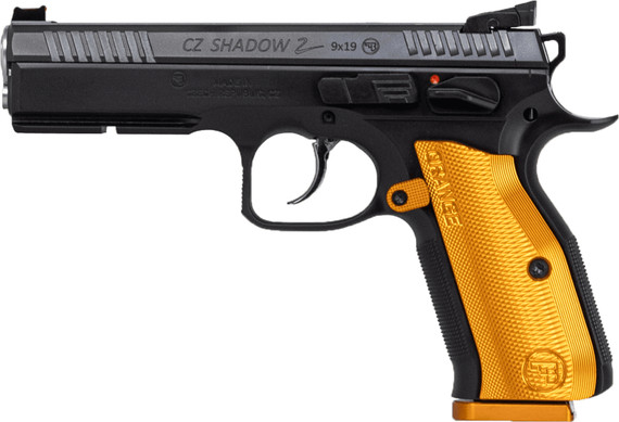 CZ-USA 91248 Shadow 2 9mm Luger 17+1 4.89 Stainless Steel Barrel, Black Nitride Optic Cut/Serrated Slide, Black Steel Frame w/Beavertail & Pic Rail, Orange Checkered Aluminum Grip, Pistol