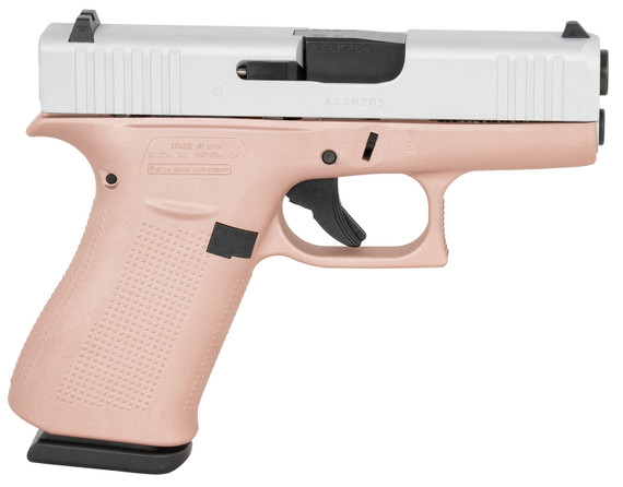 Glock UX4350204RGFCSS G43 Sub-Compact Frame 9mm Luger 10+1 3.41 Black GMB Barrel, Crushed Silver Serrated Steel Slide, Rose Gold Poly Frame w/Beavertail, Textured Poly Grip, Ambi, Pistol