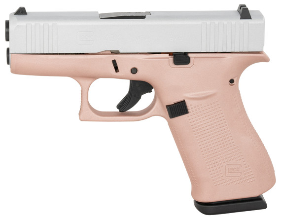 Glock UX4350204RGFCSS G43 Sub-Compact Frame 9mm Luger 10+1 3.41 Black GMB Barrel, Crushed Silver Serrated Steel Slide, Rose Gold Poly Frame w/Beavertail, Textured Poly Grip, Ambi, Pistol