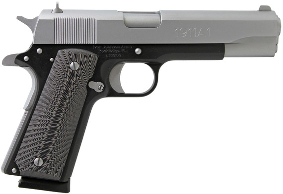 Iver Johnson 1911A1TT 1911 A1 Full Size Frame 45 ACP 8+1 5 Stainless Steel Barrel, Silver Cerakote Serrated Stainless Steel Slide, Black Steel Frame w/Beavertail, Black/Gray G10 Grip, Pistol