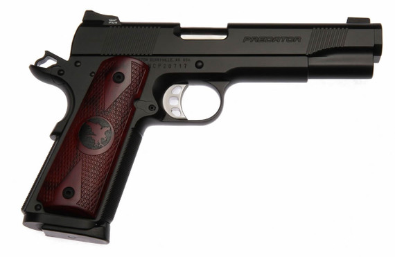 Nighhawk Predator Pistol, 45 ACP, 5 in Match Grade Coned Bull, Tritium/Heinie Straight Eight Slant Pro, Black Nitride, 8 Rds