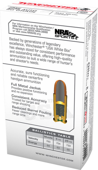 Winchester Q4203 USA 25ACP 50gr Full Metal Jacket 20 Per Box/10 Case Centerfire, Handgun Ammunition