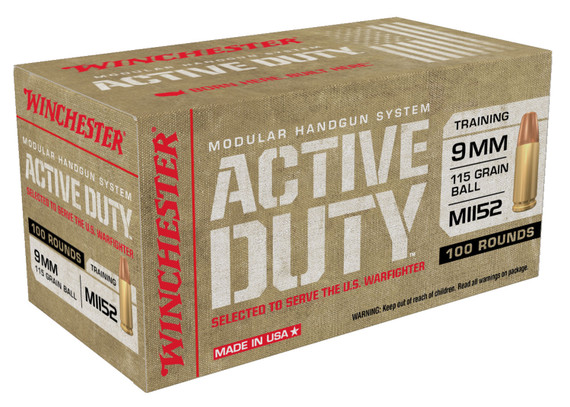 Winchester Active Duty Ammunition WIN9MHSC, 9mm, 115 Gr. Full Metal Jacket Flat Nose (FMJFN), 100 Round Box