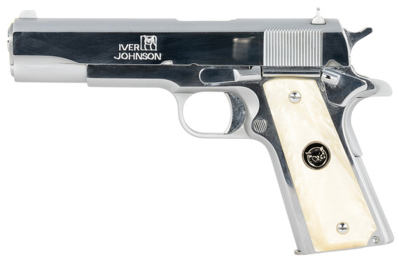 Iver Johnson 1911A138CHRWP 38 Super 8+1 5 Stainless Steel Barrel, Bright Polish Chrome Serrated Stainless Steel Slide, Pearl Grips, Pistol
