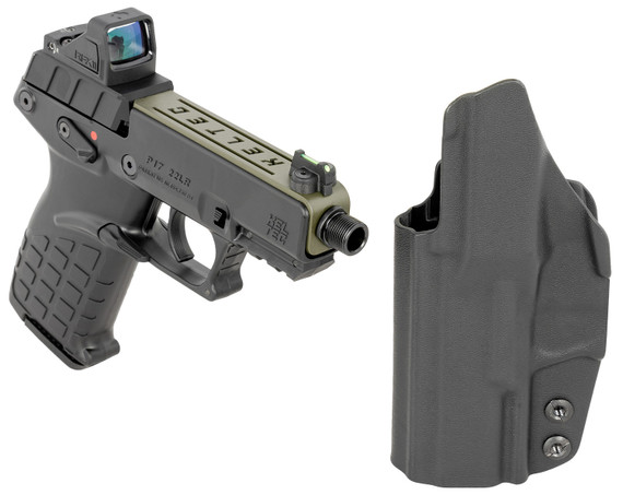 Kel-Tec P17GRNBLKOPTIC P17 w/Optic Bundle Sports South Exclusive, Compact Frame 22 LR 16+1 3.80 Black Steel Barrel, OD Green Cerakote Serrated Steel Slide, Black Poly Frame w/Pic Rail, Textured Grip, Viridian RFX-11 Green Dot, Pistol