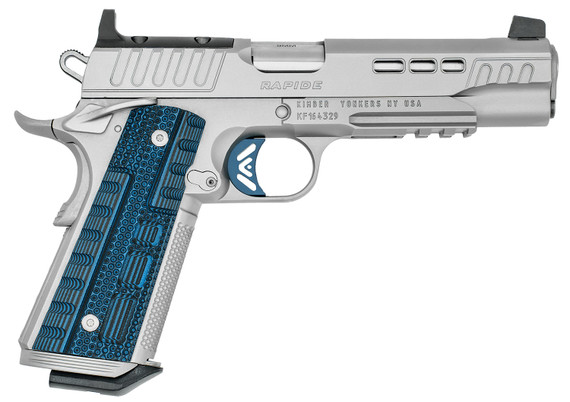 Kimber 3000455 Rapide Ice 9mm Luger 9+1 5.50 Stainless Steel Barrel, Stainless Lightening Cut/Optic Ready/Serrated Stainless Steel Slide, Stainless Stainless Steel Frame w/Beavertail, Blue G10 Grip, Pistol