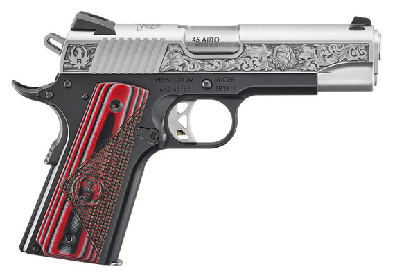 Ruger 16701 SR1911 Red Barn Street Edition Commander Frame 45 ACP 7+1 4.25 Stainless Steel Barrel, Low-Glare Serrated w/Engraving Stainless Steel Slide, Black Anodized Aluminum Frame w/Beavertail, Black/Gray/Red Deluxe Checkered G10 Grip, Pistol