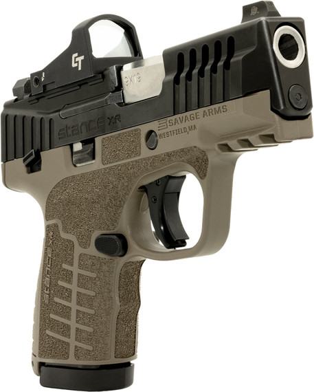 Savage 67057 Stance XR Micro Frame 9mm Luger 13+1 3.20 Stainless Steel Barrel, Black Nitride Ported/Serrated Stainless Steel Slide, Flat Dark Earth Stainless Steel Frame w/Pic Rail, FDE GFN Grip, Ambi, Pistol
