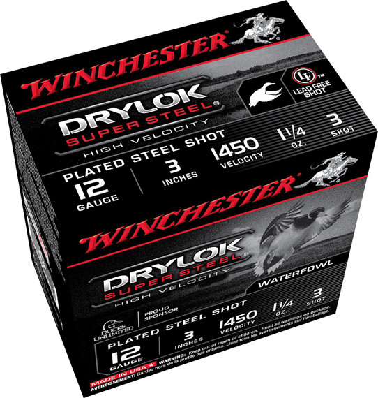 Winchester SSH1233 Drylok Super Steel High Velocity 12Gauge 3 in 1 1/4oz 3Shot 25 Per Box/10 Case, Shotgun Shells