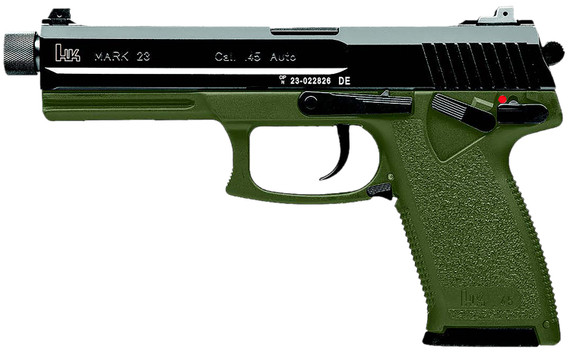 HK 81001074 Mark 23 45 ACP 12+1 5.87" Black Threaded BBL, Black Cerakote Serr Steel Slide, OD Green Polymer Frame w/Accessory Rail, Textured Grip,Pistol