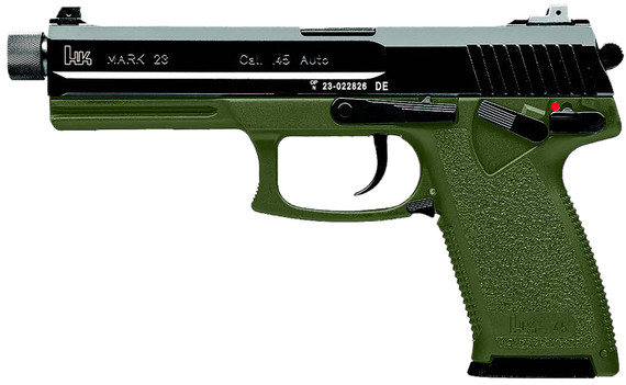 HK 81001075 Mark 23 45 ACP 10+1 5.87" Black Threaded BBL, Black Cerakote Serr Steel Slide, OD Green Polymer Frame w/Accessory Rail, Textured Grip,Pistol