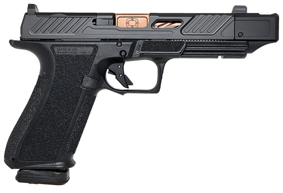 Shadow Systems SS-2239-CA 9mm Luger 10+1 4.48" Bronze TICN Match Grade Spiral BBL, Black Nitride Optic Cut/Serr/Window Cut Stainless Slide, Black Polymer Frame w/Beavertail & Pic Rail, Interchangeable Backstrap Grip,Pistol