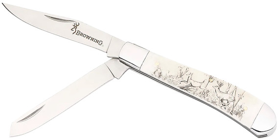Browning 3220578B Trapper Whitetail Folding Clip Point/Spey Plain Satin 12C27 Sandvik SS Blade, Engraved Wildlife Scene Natural Bone Handle, Box Packaging,Knives