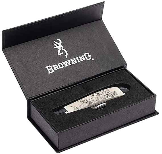 Browning 3220578B Trapper Whitetail Folding Clip Point/Spey Plain Satin 12C27 Sandvik SS Blade, Engraved Wildlife Scene Natural Bone Handle, Box Packaging,Knives
