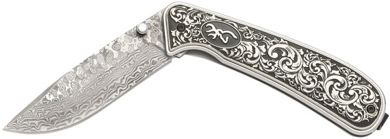 Browning 3220580B Grand Pass 3.50" Drop Point Damascus Blade, Engraved Stainless Handle,Knives