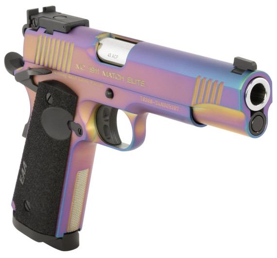 Girsan 391091 MC1911 Full Size Frame 45 ACP 8+1 5" Stainless Bull BBL, Multi Color PVD Coating Serr Steel Slide, Multi Color PVD Coating Steel Frame w/Beavertail, Black Textured Grip,Pistol