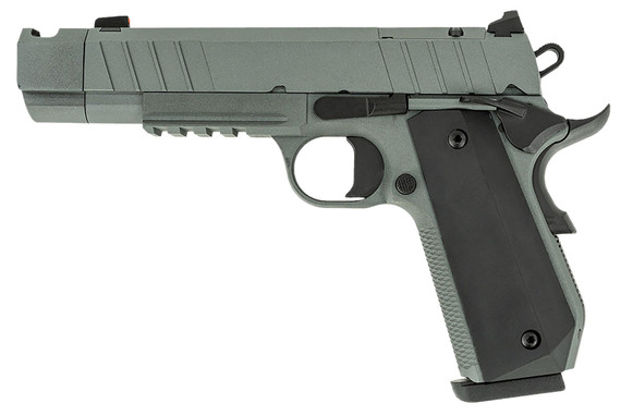 Tisas 10100133 1911 Night Stalker Carry Frame 9mm Luger 10+1 4.25" Black Cerakote Bull BBL, Gray Cerakote Serr Steel Slide, Gray Cerakote Steel Frame w/Beavertail & Pic Rail,Pistol