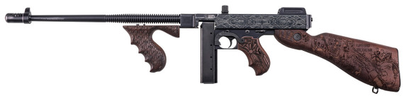 Auto-Ordnance T150DC7 1927A-1 Roaring 20s 45 ACP 50+1 18" Cerakote w/Engraved "Trench Broom" & "Chicago Typewriter" BBL, Midnight Blue Satin Cerakote Rcvr, Engraved American Walnut Wood Stock, Wood Grip,Tactical Rifles