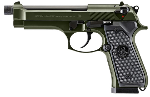 Beretta J92F300GRTB18 92FS Full Size 9mm Luger 18+1 5.10 Black Threaded Barrel, OD Green Cerakote Serrated Slide, OD Green Cerakote Aluminum Frame w/Beavertail, Black Textured Grip, Pistol
