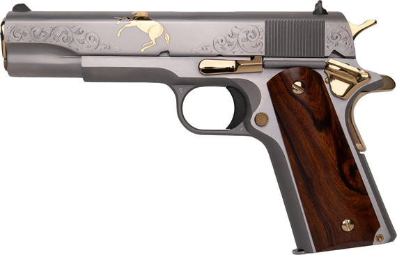 Cnc Firearms CNCCOLTRAMP Colt 1911 Rampant 45 ACP 7+1 5" Stainless BBL, Stainless w/Gold Plating Engraved w/Colt Pony Serr Slide, Stainless w/Gold Accents Frame, Ironwood Grip,Pistol