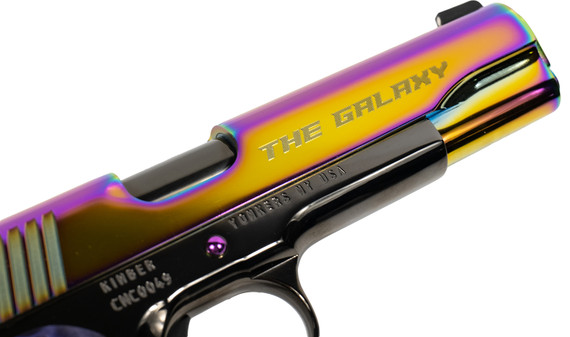 Cnc Firearms CNCGALAXY1911 Kimber 1911 Galaxy 45 ACP 7+1 5" Polished Rainbow PVD Engraved "The Galaxy"/Serr Slide, Purple Maple Burl Grip,Pistol