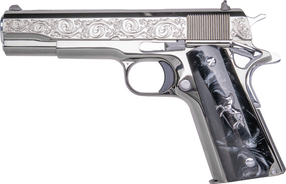 Cnc Firearms CNCWARHORSE Colt 1911 War Horse 45 ACP 7+1 5" Stainless BBL, Black Chrome w/Engraving Stainless Serr Slide, Black Chrome Plated Stainless Frame, Black Pearl w/Silver Pony Medallion Grip,Pistol