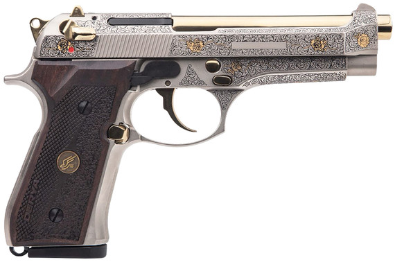 Derya Firearms 15L.FLR.MELIK9.TR Melik Fight Limited Run 9mm Luger 15+1 4.90" Gold PVC Steel BBL, Nickel w/Engraving & Gold Accents Serr Steel Slide, Nickel w/Engraving Alum Frame w/Beavertail, Mahogany Dark Wood Grip,Pistol