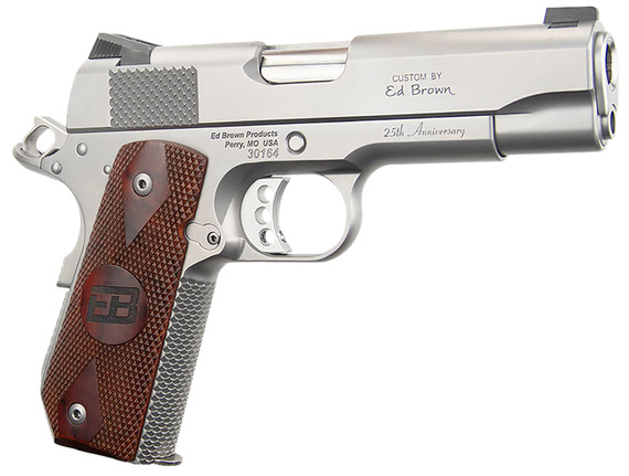 Ed Brown KCSS25 Kobra Carry 25th Anniversary Commander Frame 45 ACP 7+1 4.25" Stainless Recessed Crown BBL, Industrial Stainless Serr Slide & Frame Engraved w/"25th Anniversary", Double Diamond Checkered Cocobolo w/EB Logo Grip, Right Hand,Pistol