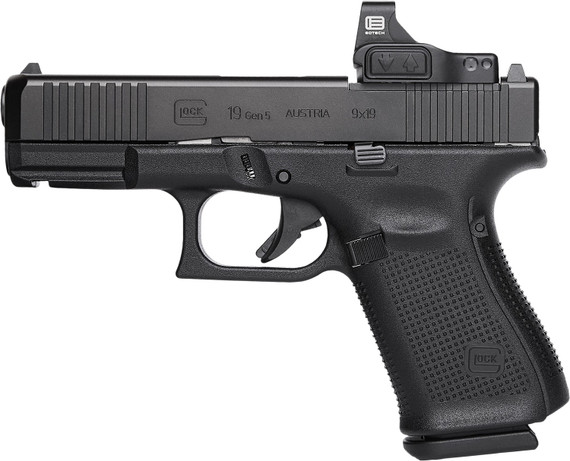 Glock PA195E201MOS G19 Gen5 MOS EoTech Combo Compact 9mm Luger 10+1 4.02 Black GMB Barrel, Black nDLC MOS Cut/Serrated Slide, Black Poly Frame w/Pic Rail, Black Textured w/Interchangeable Backstrap Grip, EoTech 3 MOA Mini Reflex Sight, Pistol