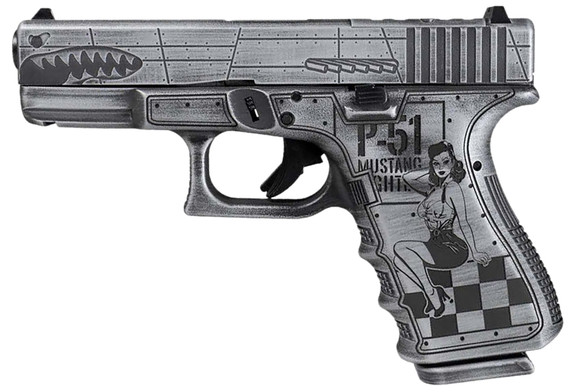 Glock PA195S204NP51M G19 Gen 5 P-51 Mustang 9mm Luger 15+1 4.02 Black GMB Barrel, Distressed Gray Cerakote Flying Tiger-Style Cut Steel Slide, Bomber Engraved Poly Frame w/Pic Rail, Distressed Gray Textured w/Pin-up Girl Grip, Ambi, Pistol