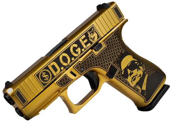 Glock UX4350201FRDGE G43X D.O.G.E. Sub-Compact Frame 9mm 10+1 3.41 Black GMB Barrel, Glamour Glock Gold Cerakote Serrated Steel Slide w/D.O.G.E, Glamour Glock Gold Cerakote Poly Frame w/Trump & Elon, Pistol
