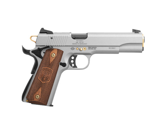 ATI GSG2210M1911AN15 GSG 1911 15 Year Anniversary Edition Full Size Frame 22 LR 10+1 5" Black Threaded BBL, Frost Gray Serr Slide, Frost Gray w/Gold Accents Zinc Alloy Frame, Light Wood Grip,Rimfire Pistols