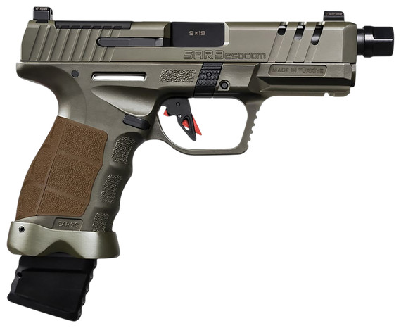 SAR USA SAR9CSOCOMODC SAR9 SOCOM 9mm Luger 21+1 5.20" Black Threaded BBL, Special Forces Green Steel Optic Ready/Ported/Serr Slide & Polymer Frame w/Pic Rail, Interchangeable Backstrap Grip, RMSc Footprint,Pistol