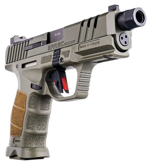 SAR USA SAR9CSOCOMODC SAR9 SOCOM 9mm Luger 21+1 5.20" Black Threaded BBL, Special Forces Green Steel Optic Ready/Ported/Serr Slide & Polymer Frame w/Pic Rail, Interchangeable Backstrap Grip, RMSc Footprint,Pistol