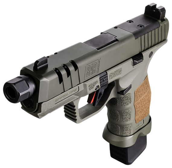 SAR USA SAR9CSOCOMODC SAR9 SOCOM 9mm Luger 21+1 5.20" Black Threaded BBL, Special Forces Green Steel Optic Ready/Ported/Serr Slide & Polymer Frame w/Pic Rail, Interchangeable Backstrap Grip, RMSc Footprint,Pistol