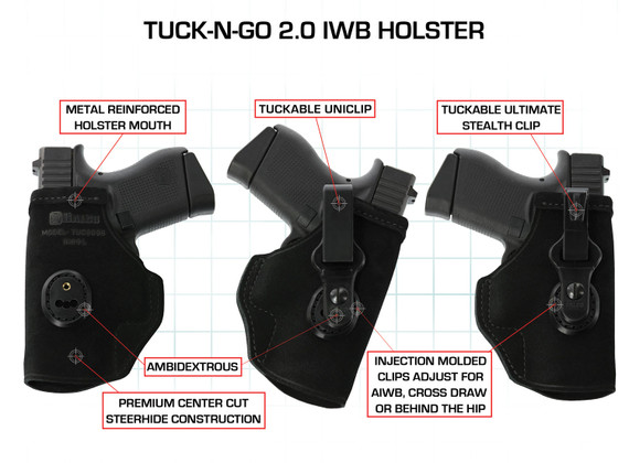Galco TUC444B Tuck-N-Go 2.0 IWB Black Leather UniClip/Stealth Clip Fits Springfield XD/Mod. 2, Holster