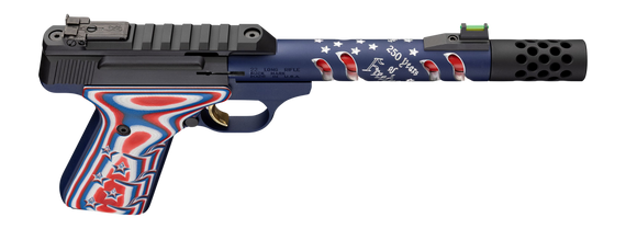 Browning 051615490 Buck Mark Freedom 250 SR 22 LR 10+1 5.90" Waving Flag Threaded Barrel, Blue Anodized Serrated w/Picatinny Rail  Aluminum Receiver, Red/White/Blue G10 Grip