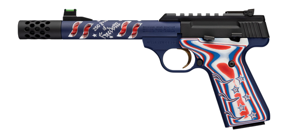 Browning 051615490 Buck Mark Freedom 250 SR 22 LR 10+1 5.90" Waving Flag Threaded Barrel, Blue Anodized Serrated w/Picatinny Rail  Aluminum Receiver, Red/White/Blue G10 Grip