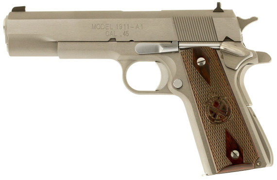 Springfield Armory PB9151LCA 1911 Mil-Spec *CA Compliant 45 ACP 7+1, 5 in Stainless Match Grade Steel Barrel, Serrated Stainless Steel Slide & Frame w/Beavertail, Crossed Cannon Cocobolo Grip, Pistol