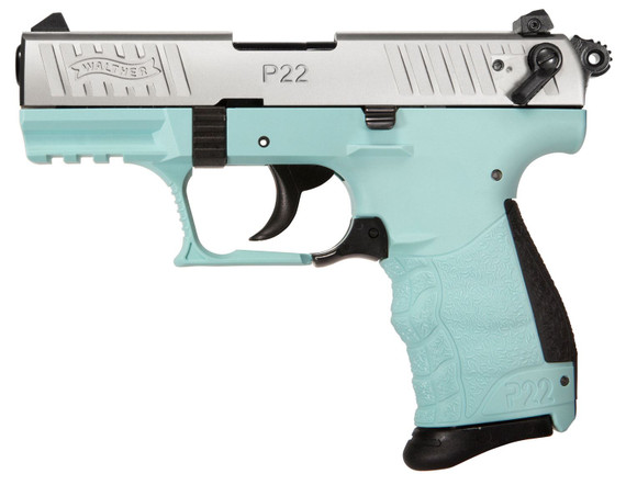 Walther Arms 5120362 P22 *CA Compliant 22 LR 10+1 3.42 in Black Permanent Threaded Capped Barrel, Stainless Steel Serrated Steel Slide, Angel Blue Polymer Frame w/Picatinny Rail, Black Interchangeable Backstrap Grip, Pistol