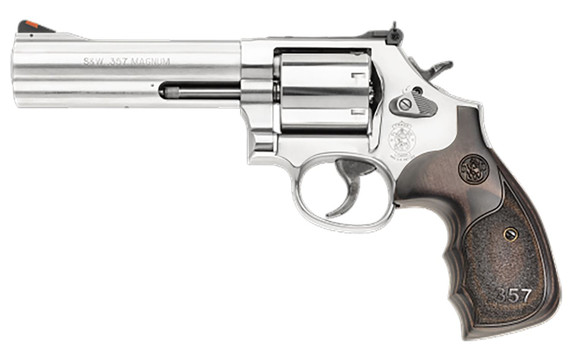 Smith & Wesson 150854 Model 686 Plus 357 Mag or 38 S&W Spl +P Stainless Steel 5 in Barrel & 7rd Cylinder, Satin Stainless Steel L-Frame, Black/Silver Custom Wood Grip, Red Ramp Front/White Outline Rear Sights, Internal Lock , Revolver