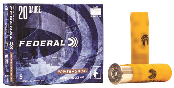 Federal F2072B Power-Shok Magnum 20Gauge 3 in 18Pellets 1 1/4oz 2BuckShot 5 Per Box/50 Case, Shotgun Shells